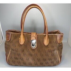 VTG Dooney Bourke Double Handle Tote Brown Tan DB Signature Satchel Bag Vintage